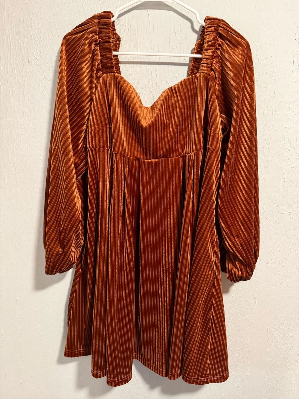 Rust Orange Ribbed Velvet Corset Mini Dress Balloon Sleeve XXL